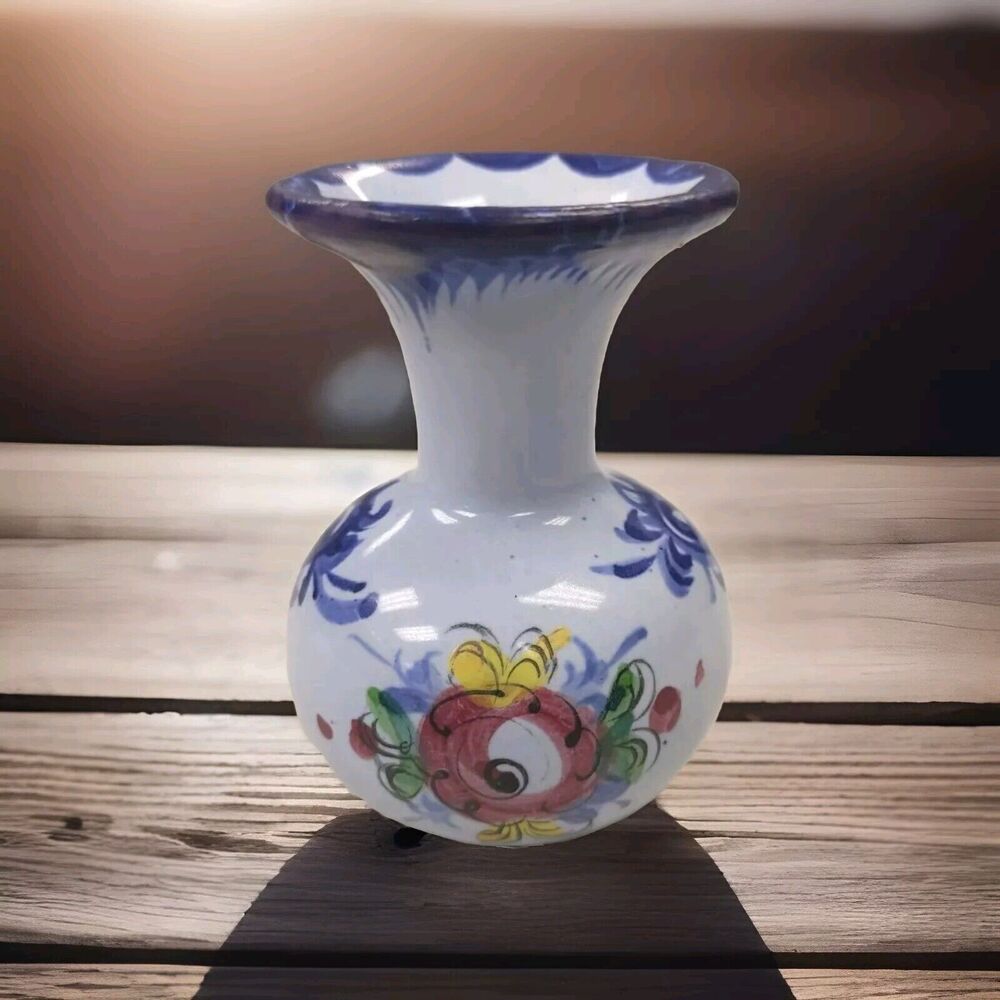 Vestal Blue Urn Floral Mini Vase signed Pottery Made in Portugal-VINTAGE 410